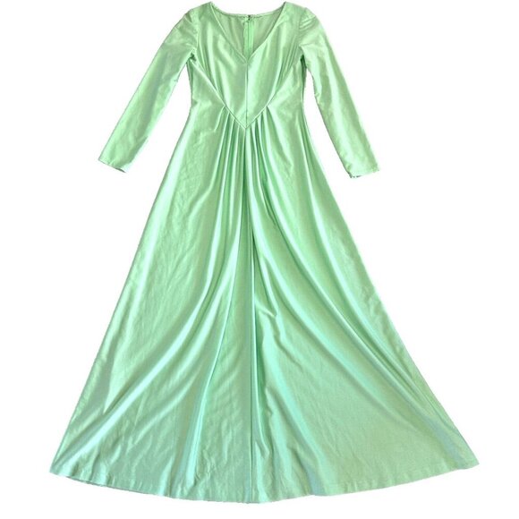 Vintage 70s Maxi Dress Disco Pleated Long Sleeve Deep V-Neck Mint Green - Picture 1 of 15
